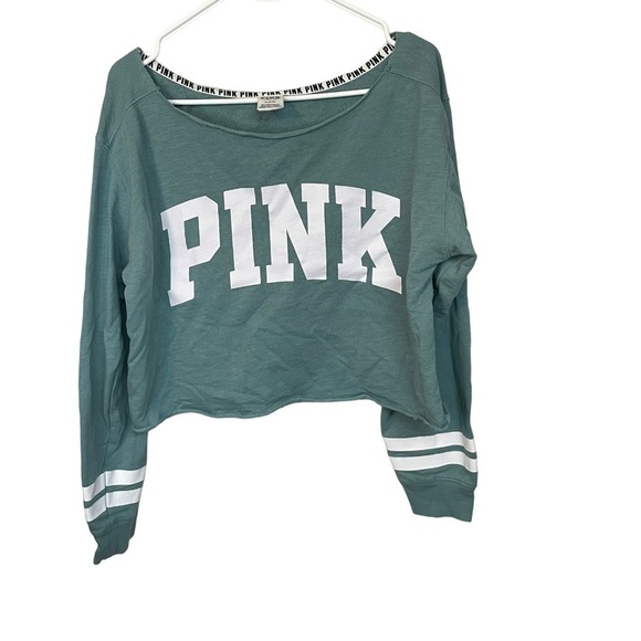 PINK Teal Oversized Crop Raw Hem Varsity Spellout Sweatshirt, Medium - Picture 1 of 6